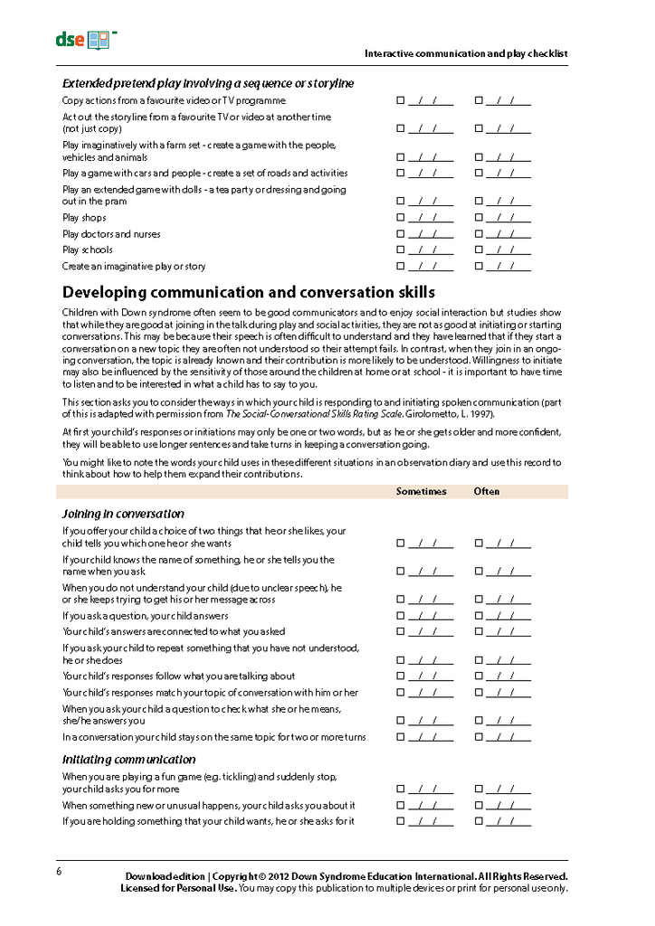 Communication Learning Environment Checklist Interactive Communication and Play Checklist - PDF Edition – DSE Store