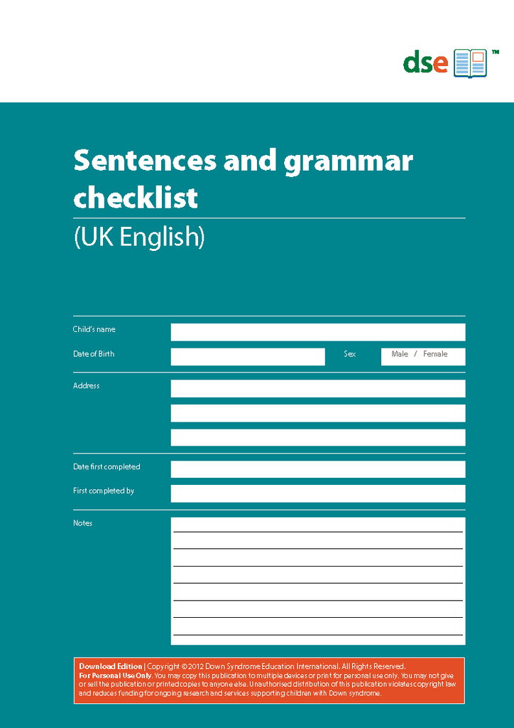 Sentences and Grammar Checklist - PDF Edition