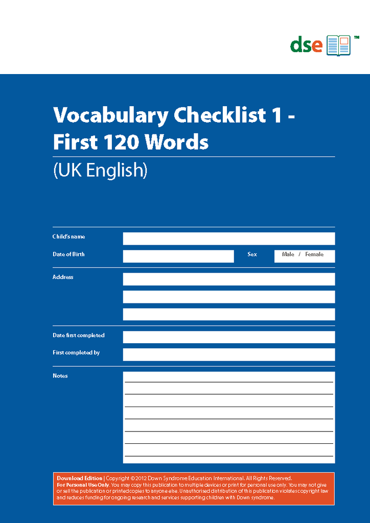 Vocabulary Checklist 1 - First 120 Words - PDF Edition