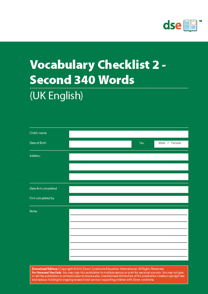 Vocabulary Checklist 2 - Second 340 Words - PDF Edition
